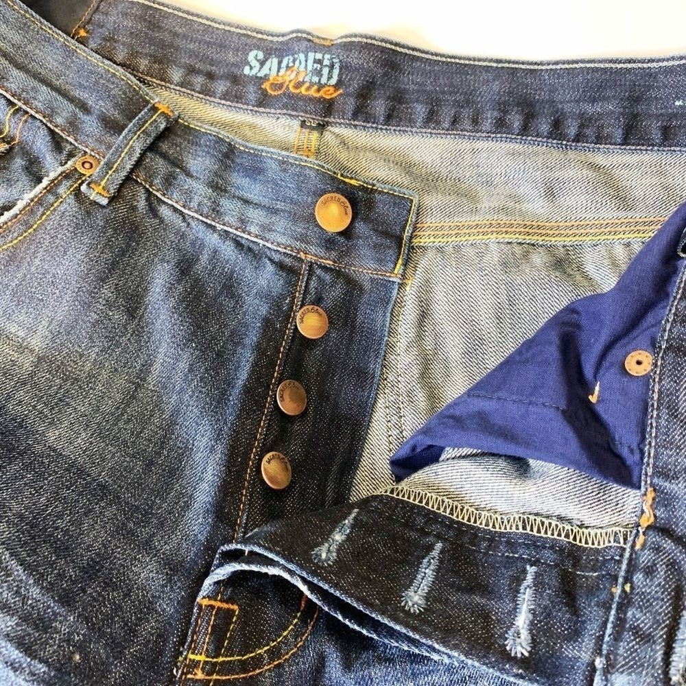 Sacred Blue Men's‎ Button Fly Distressed Straight Leg Denim Jeans Sz 36 Grunge - Picture 6 of 7